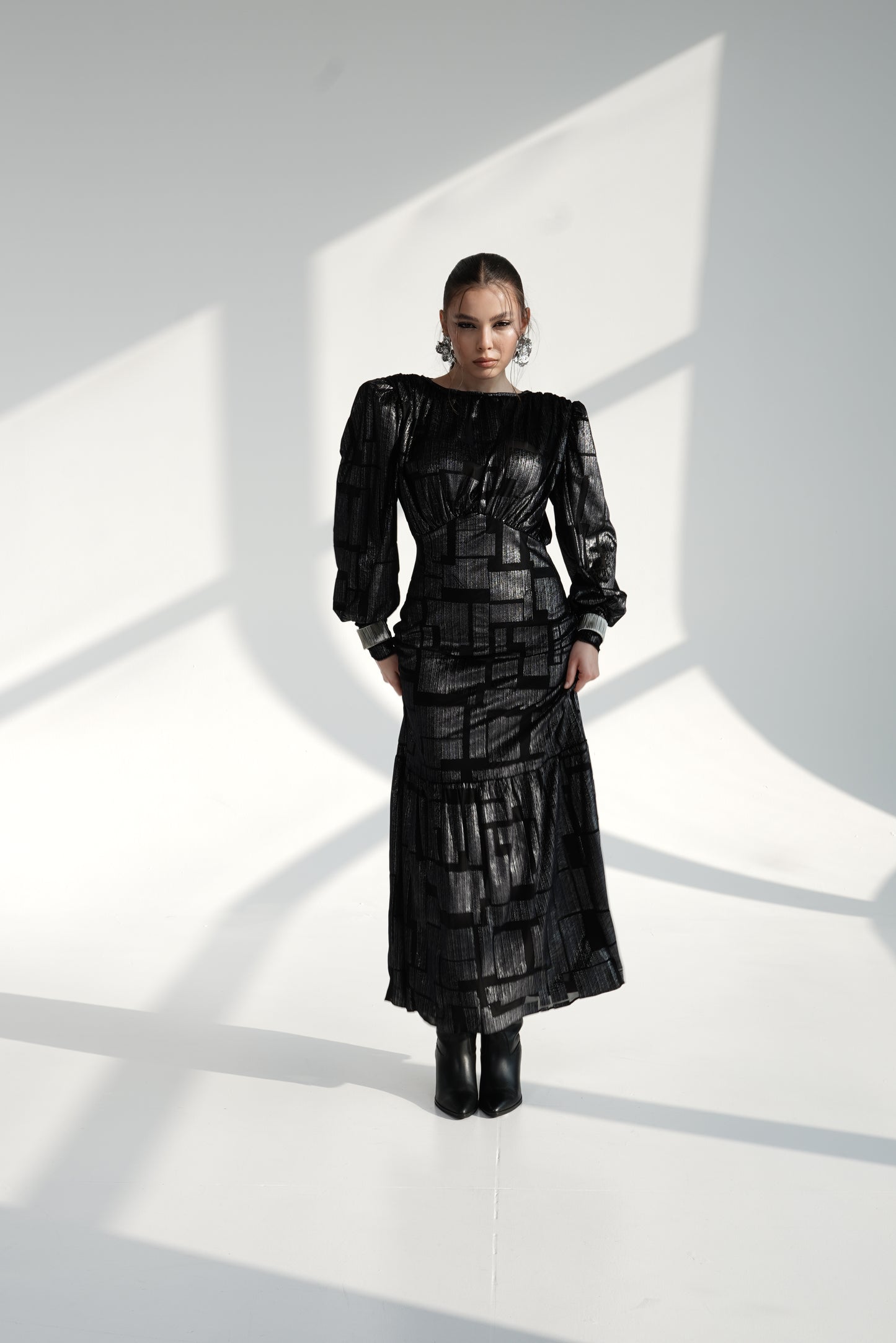 Black Metallic Maxi Dress with Structured Shoulders