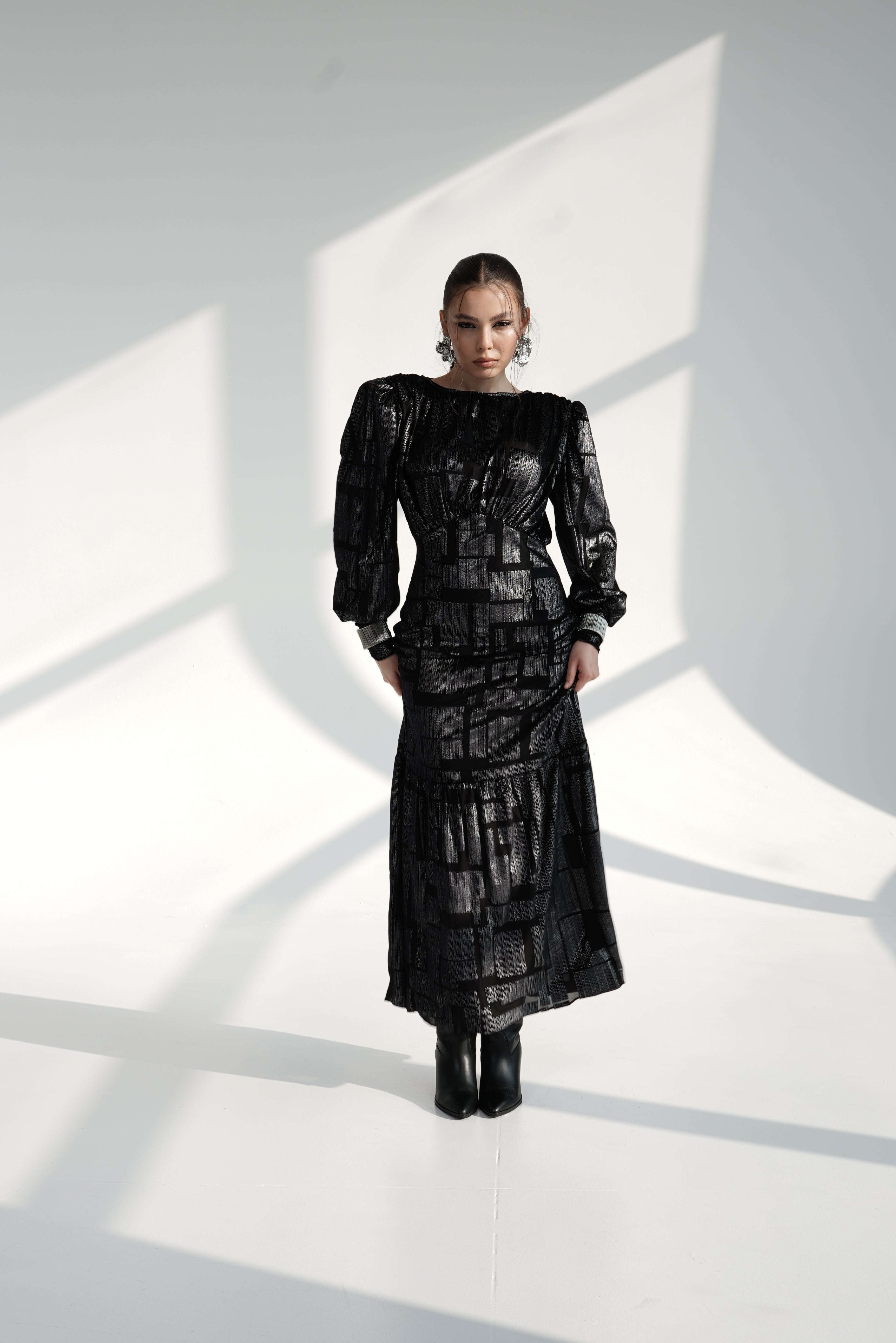 Black Metallic Maxi Dress with Structured Shoulders