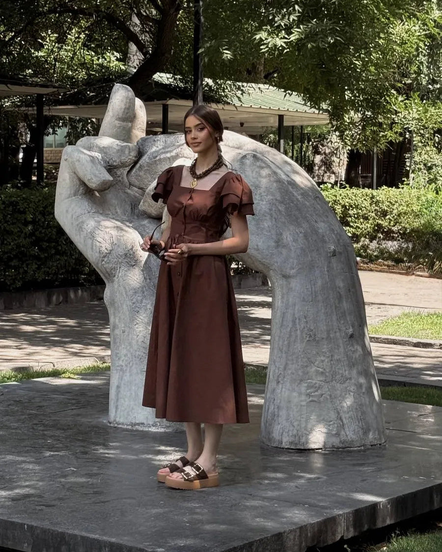 Belle Square-Neck Button Midi Dress