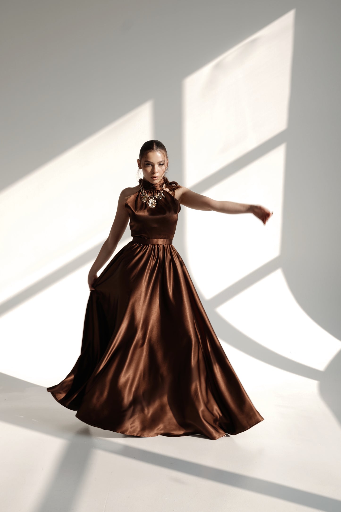 High-Neck Flowing Satin Evening Dress
