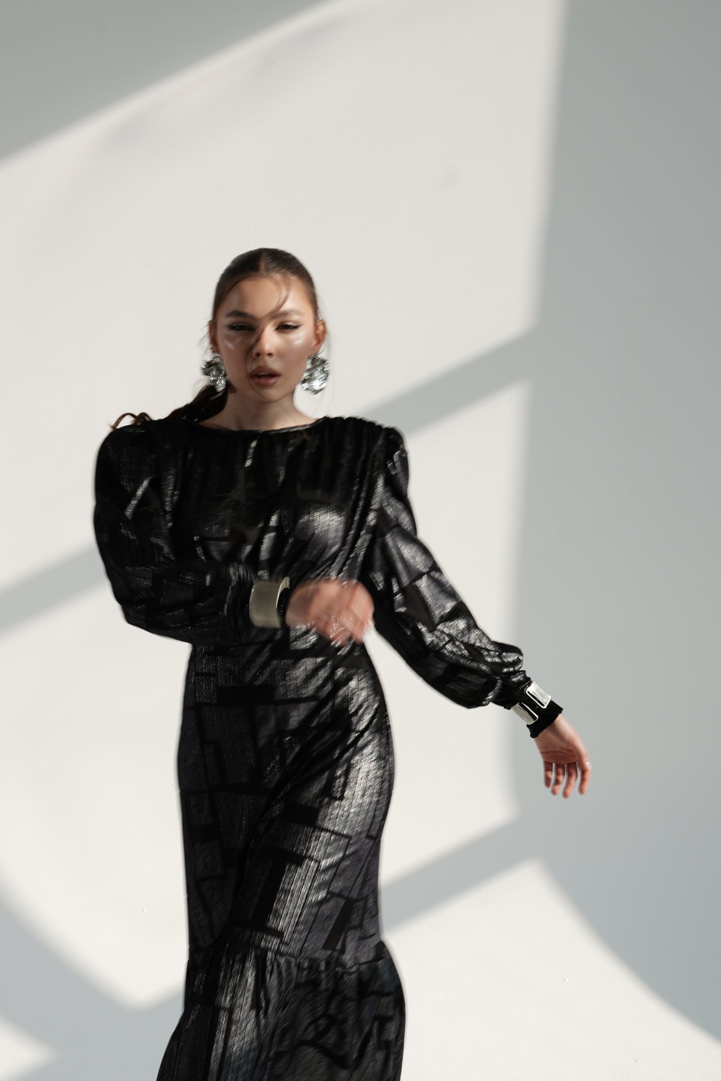 Black Metallic Maxi Dress with Structured Shoulders