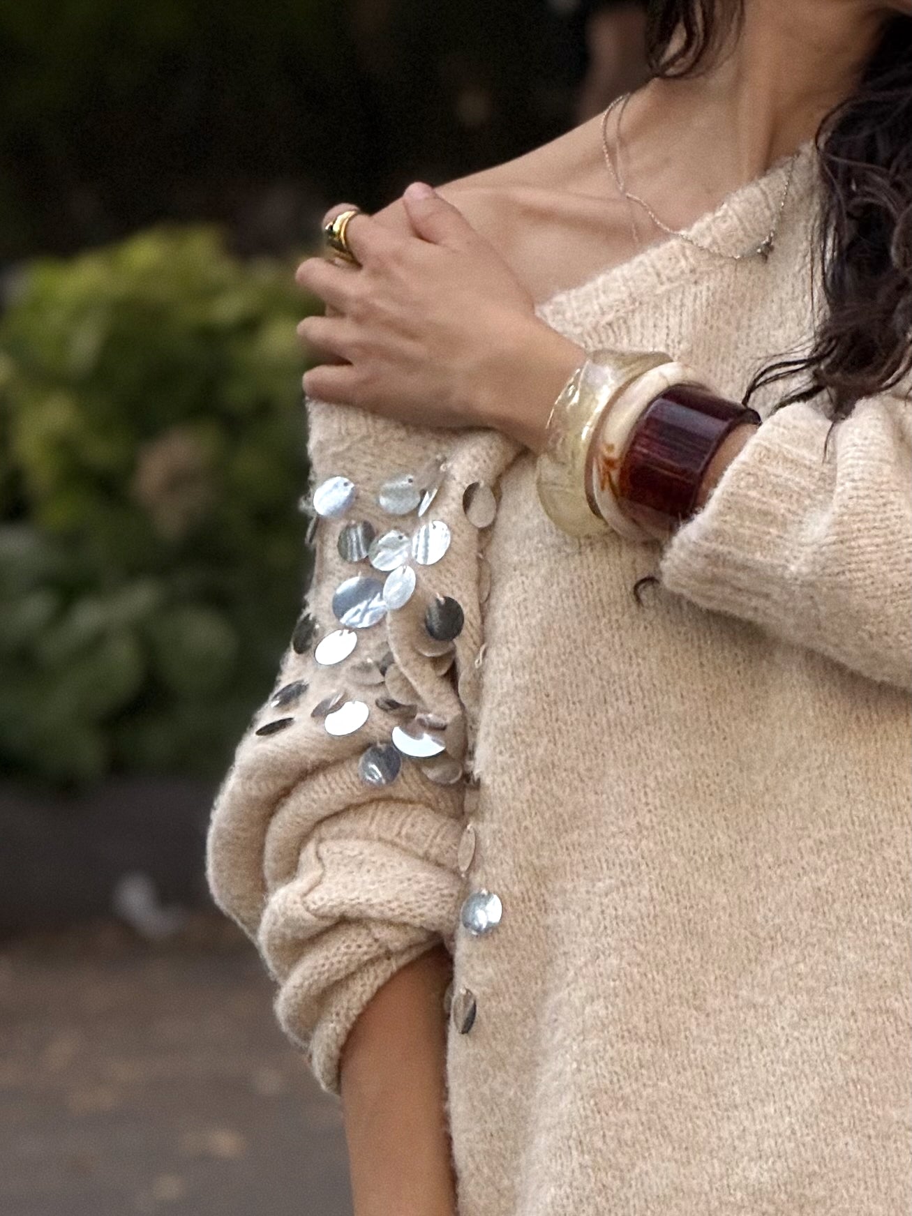 Cream Off-Shoulder Embellished Sweater – Soft Knit with Sequin Detail