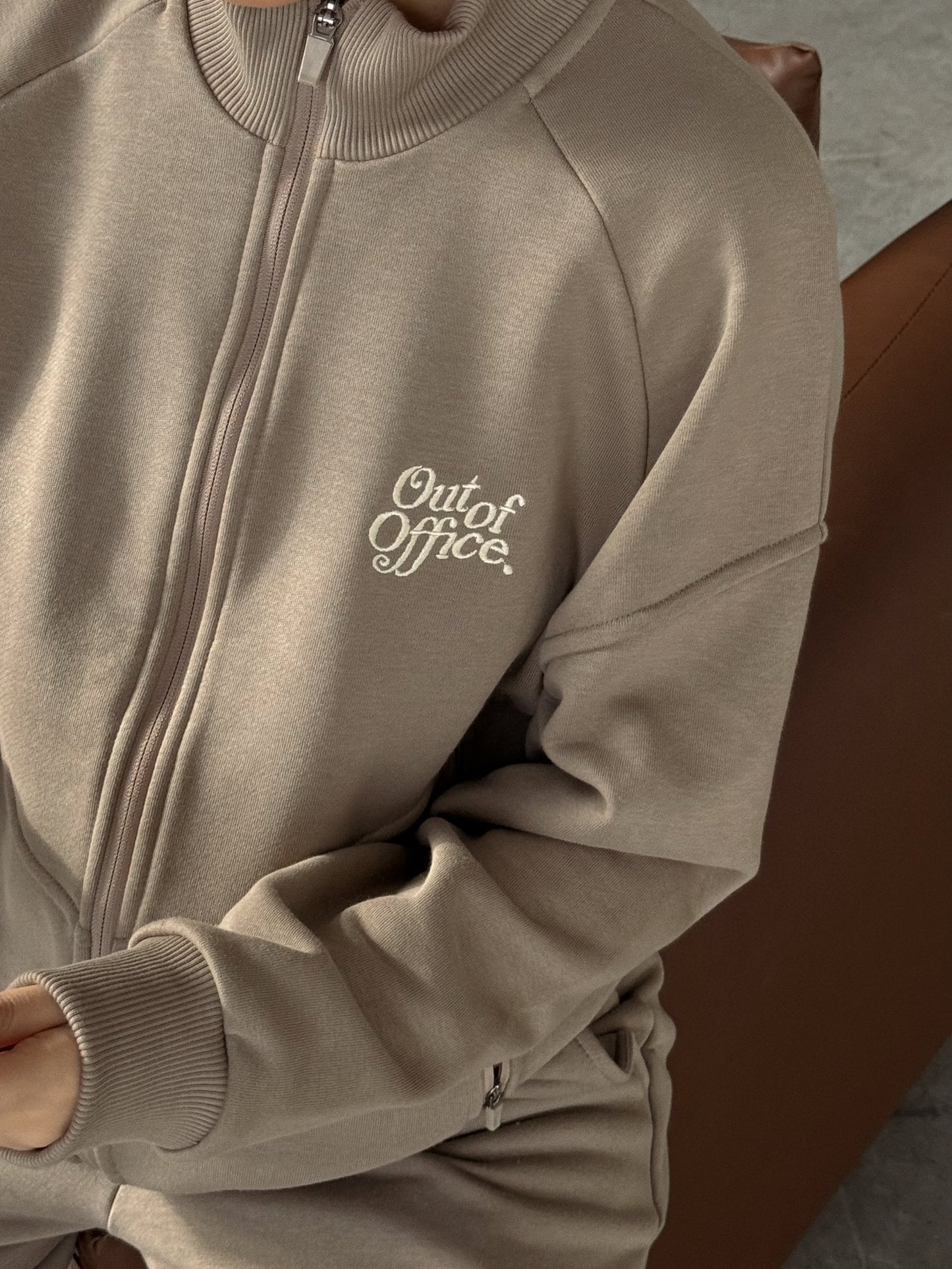 Out of Office Zip-Up Sweatshirt – Taupe Beige