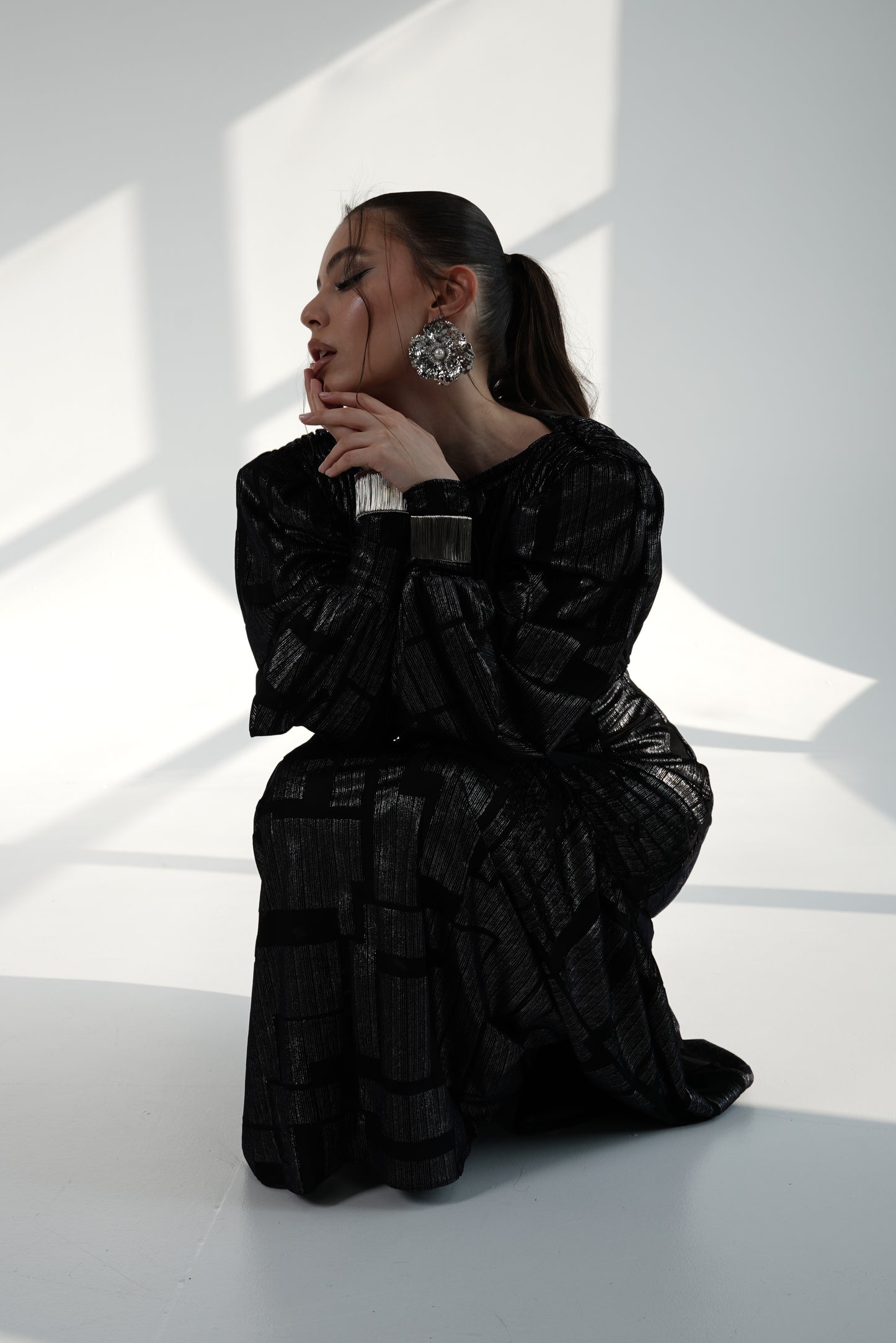 Black Metallic Maxi Dress with Structured Shoulders