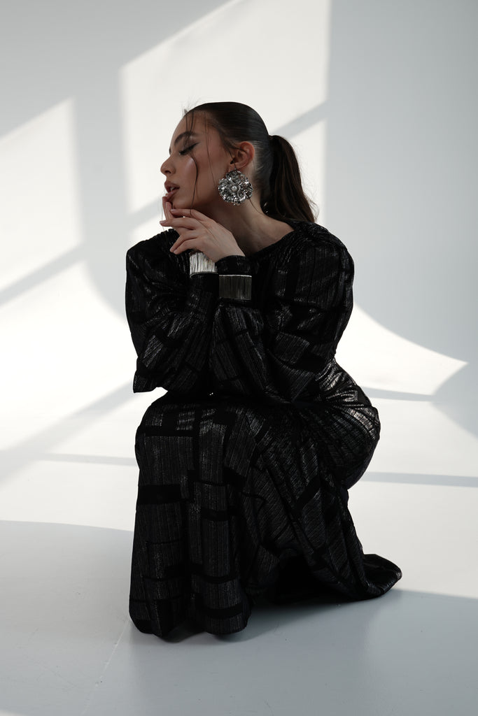 Black Metallic Maxi Dress with Structured Shoulders