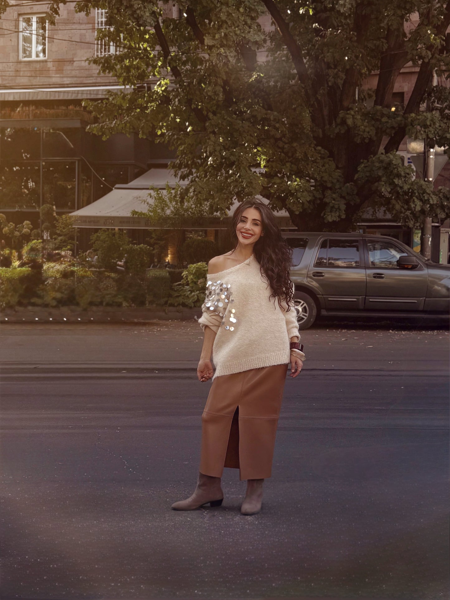 Cream Off-Shoulder Embellished Sweater – Soft Knit with Sequin Detail