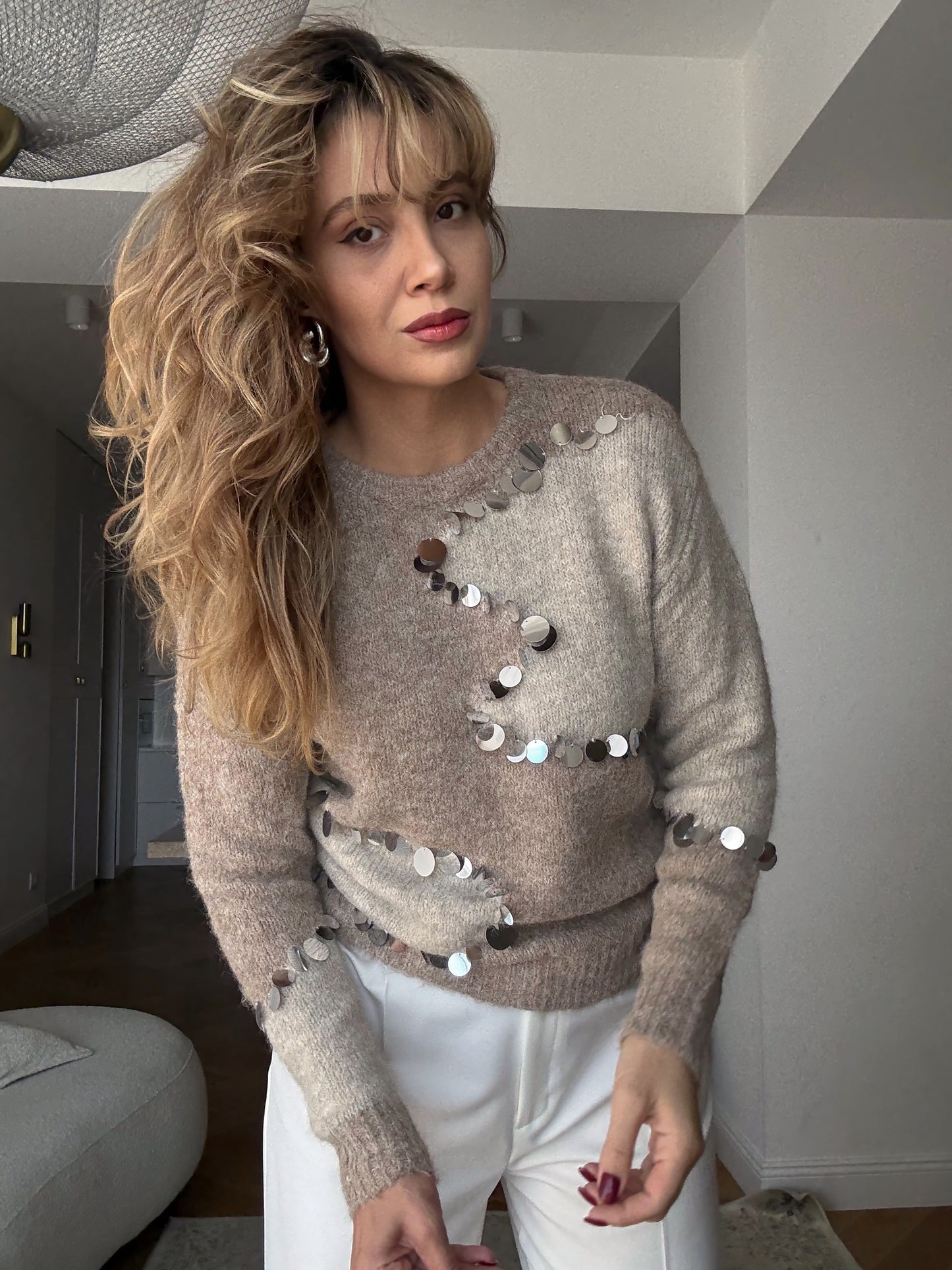 Beige & Cream Contrast Knit with Mirror Sequins