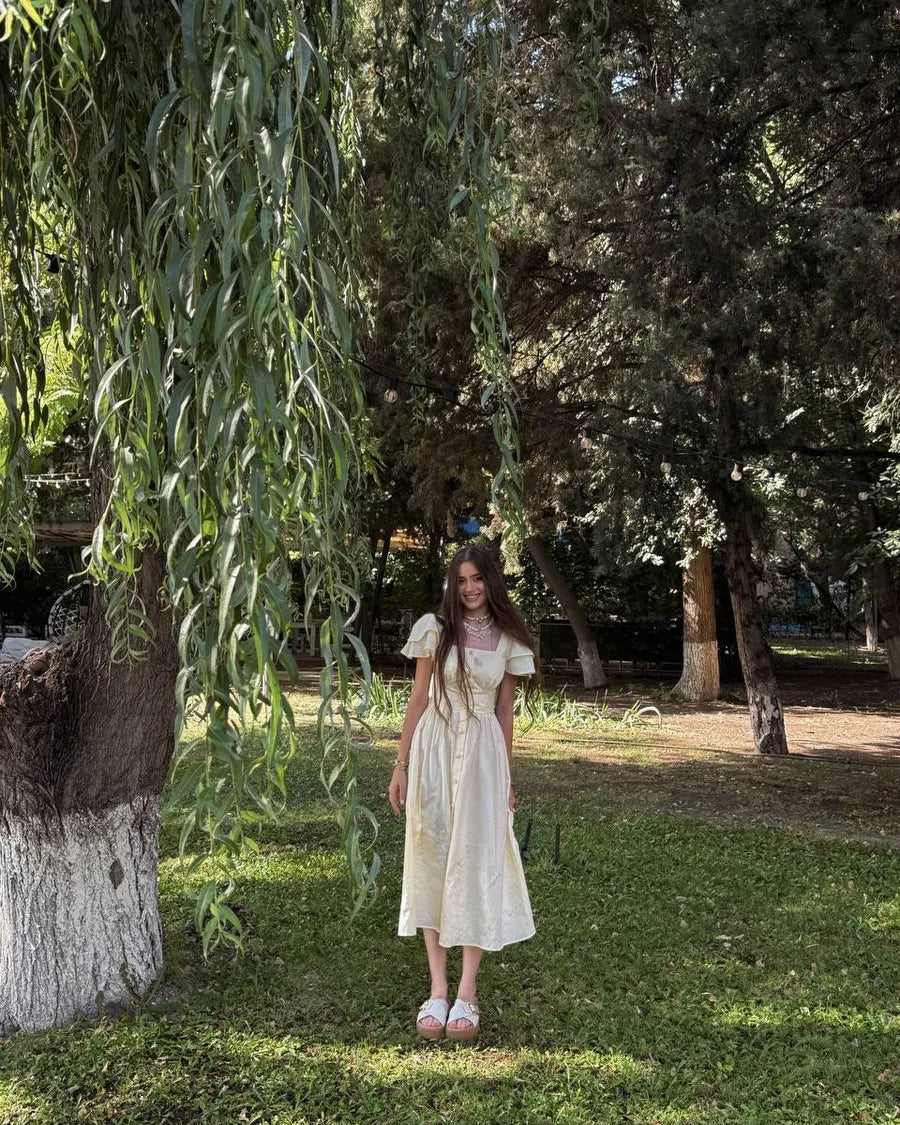 Belle Square-Neck Button Midi Dress