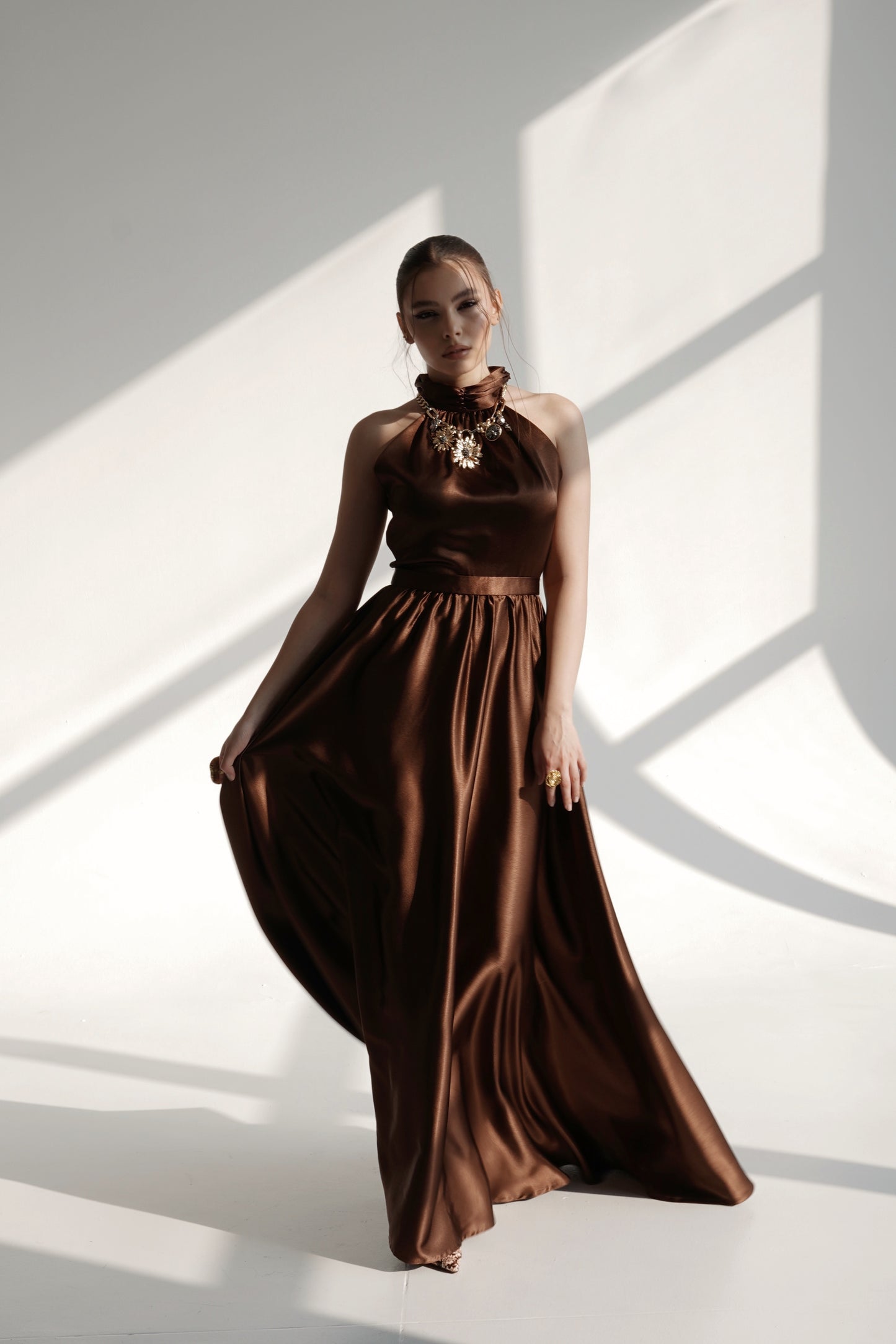 High-Neck Flowing Satin Evening Dress