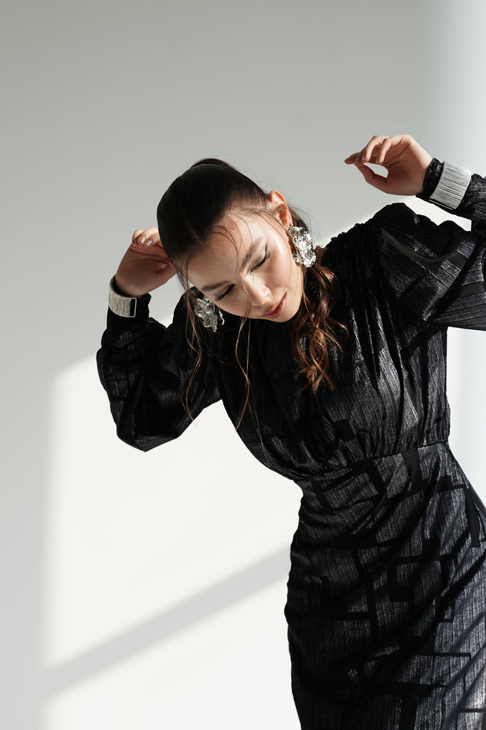 Black Metallic Maxi Dress with Structured Shoulders