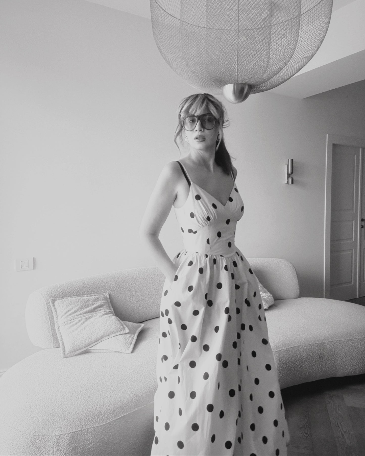 Polka Dot Midi Dress with Structured Bodice