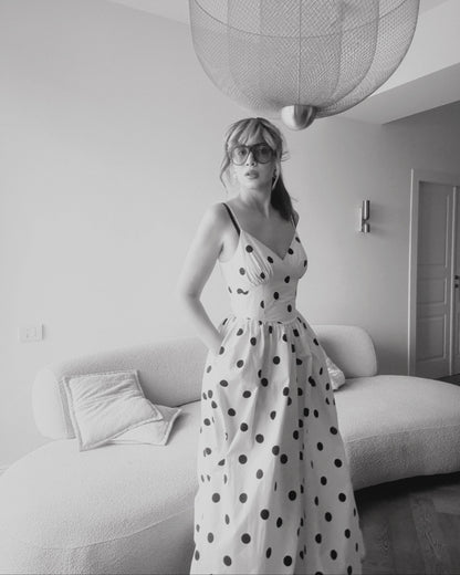 Polka Dot Midi Dress with Structured Bodice