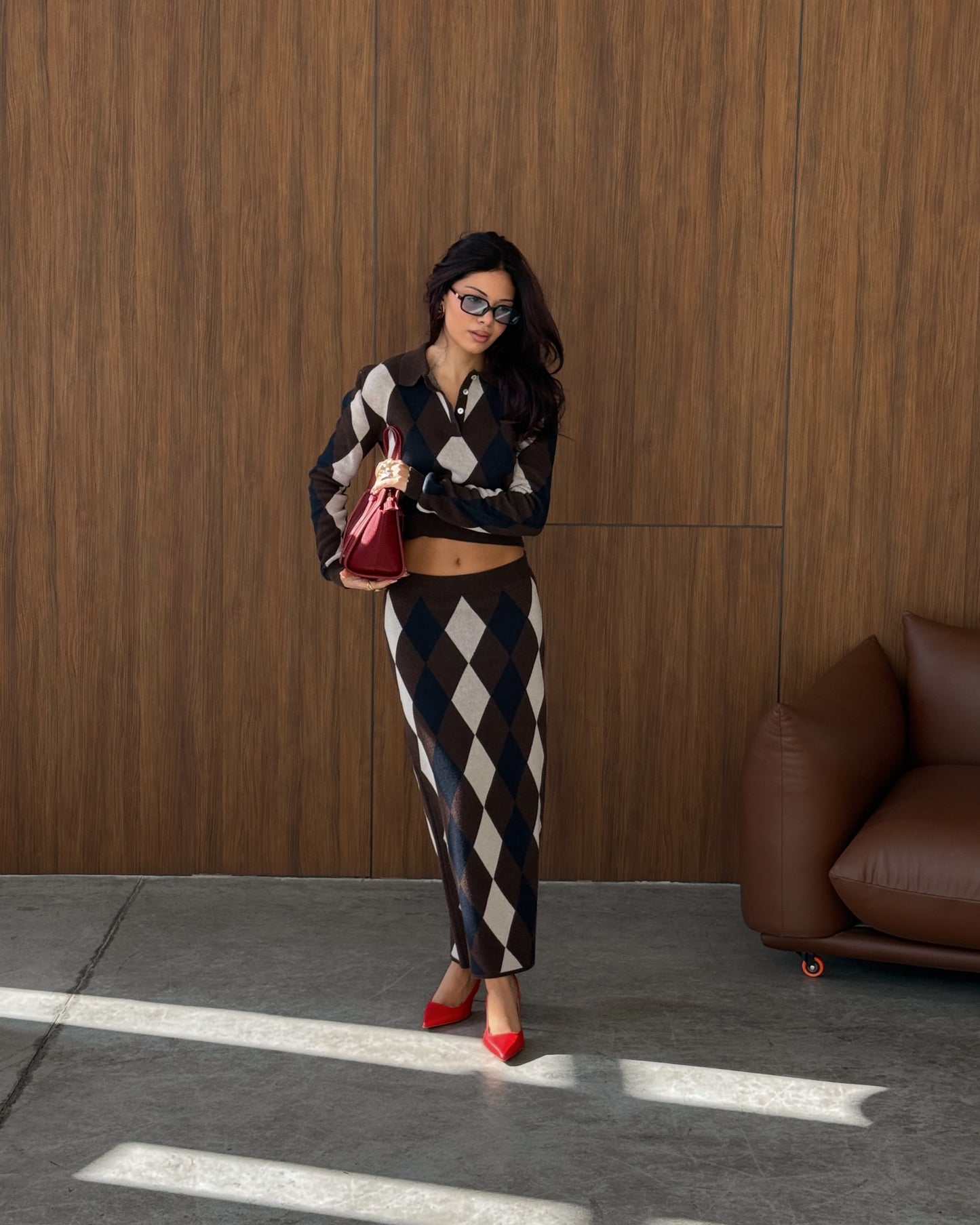 Argyle Knit Cropped Polo Blouse