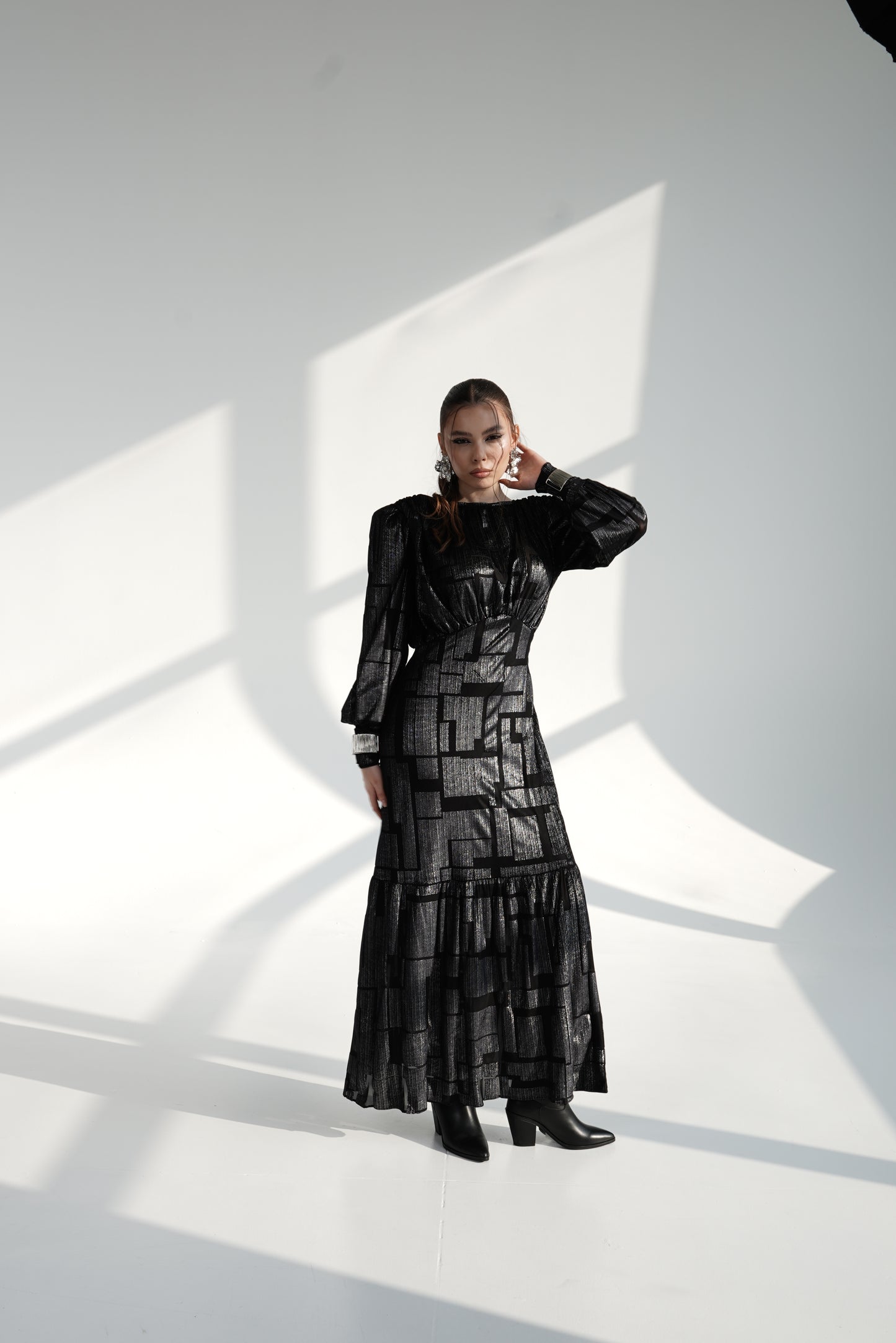Black Metallic Maxi Dress with Structured Shoulders