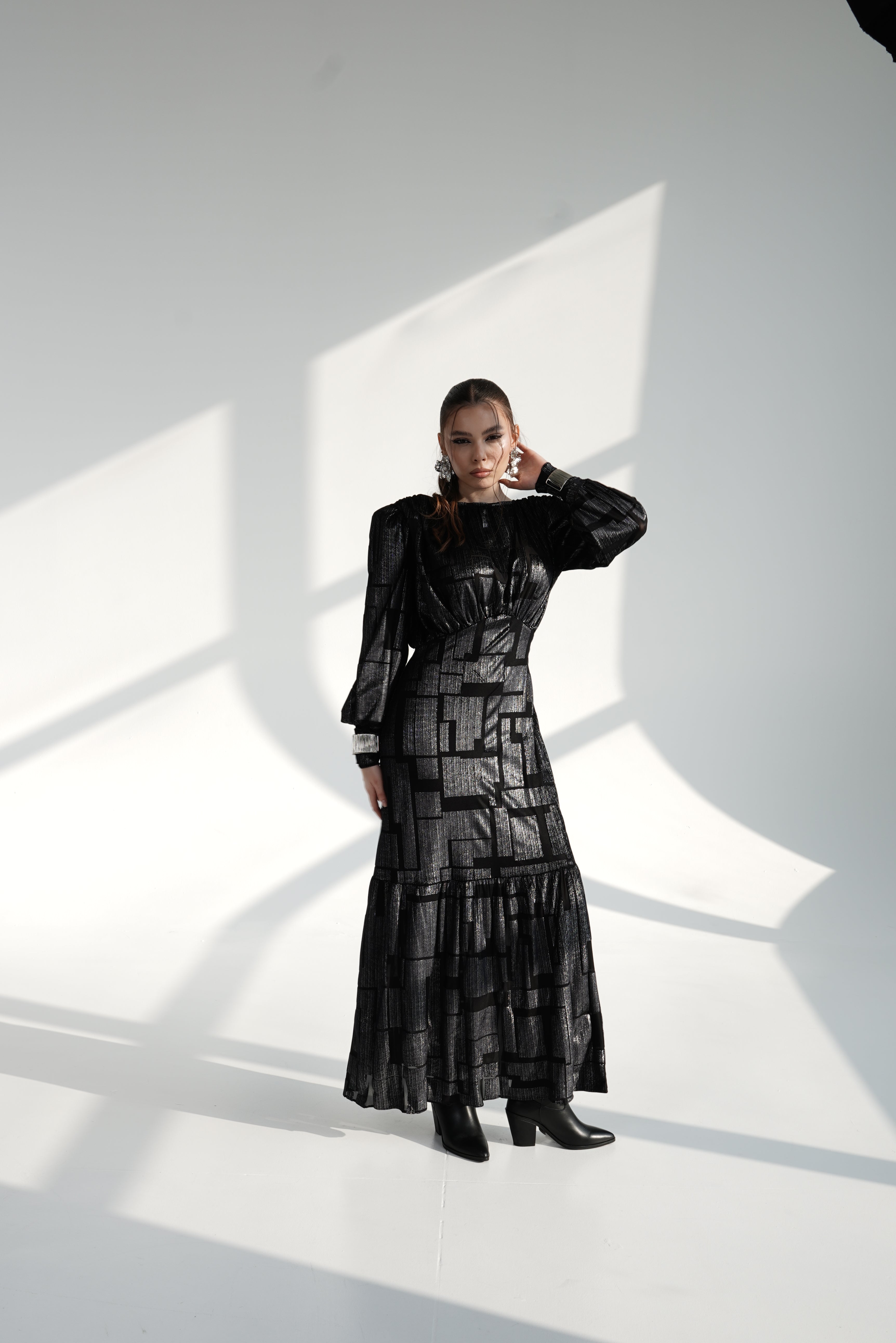 Black Metallic Maxi Dress with Structured Shoulders