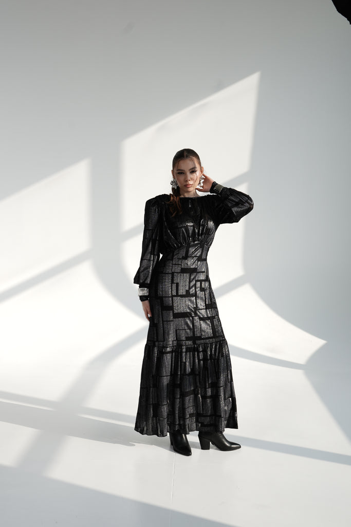 Black Metallic Maxi Dress with Structured Shoulders