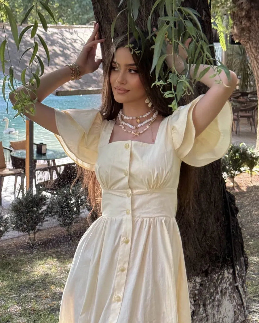 Belle Square-Neck Button Midi Dress