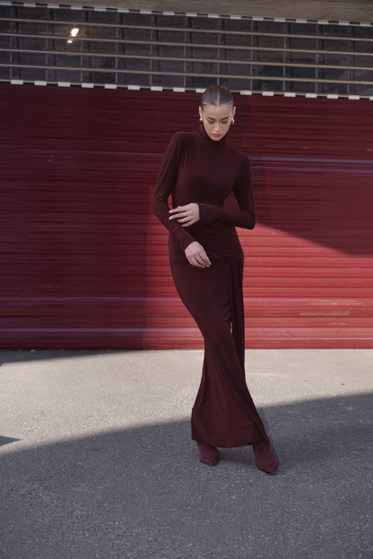 Long-Sleeve Sculpted Maxi Dress — Chocolate