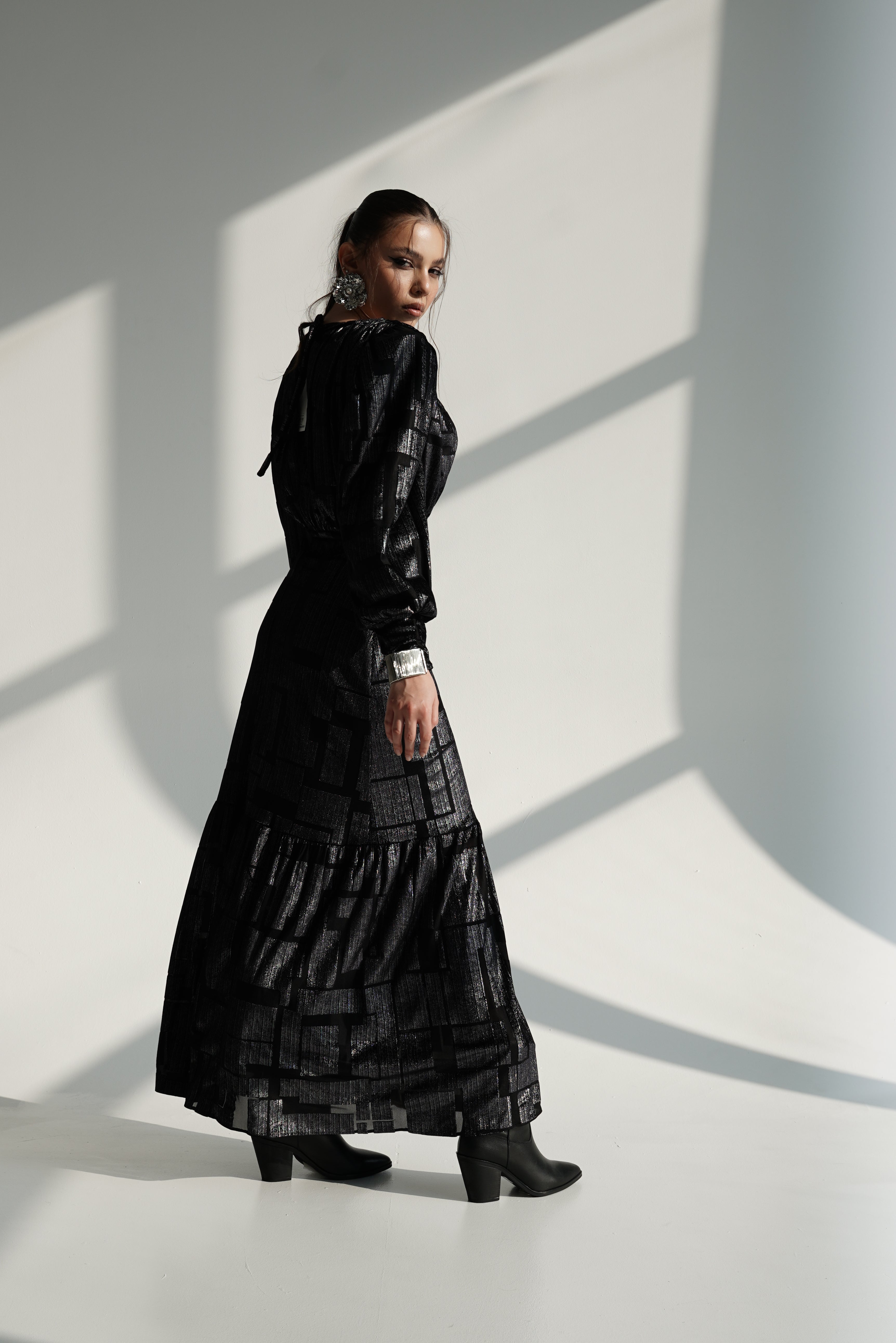 Black Metallic Maxi Dress with Structured Shoulders