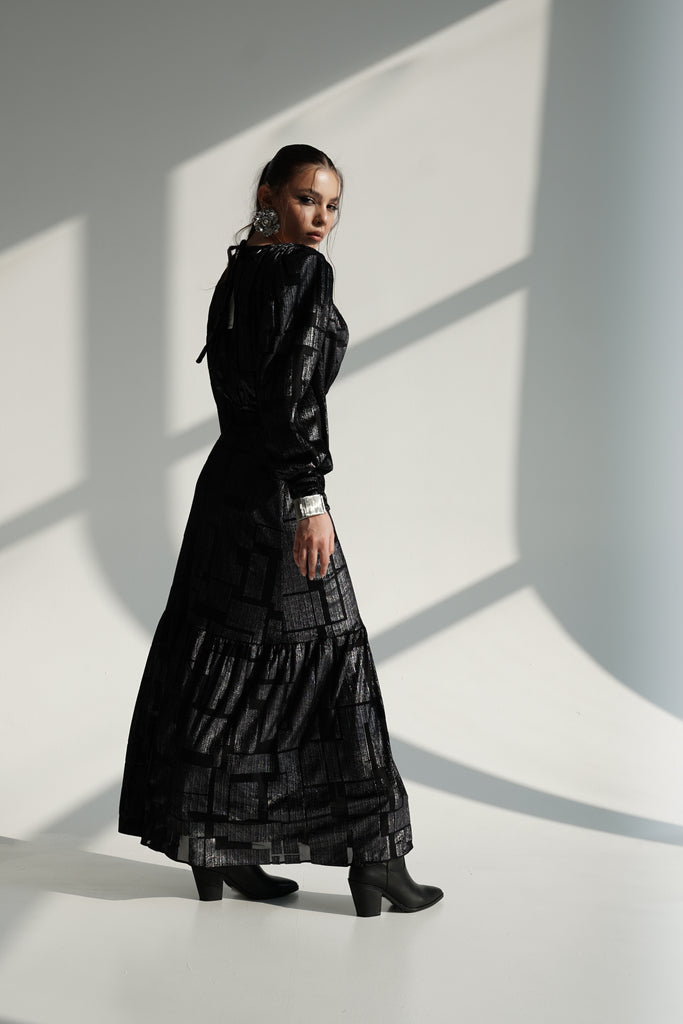 Black Metallic Maxi Dress with Structured Shoulders