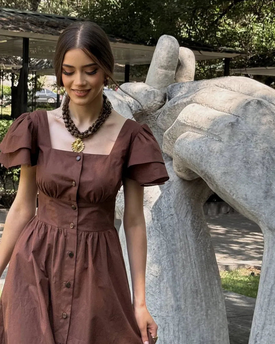 Belle Square-Neck Button Midi Dress