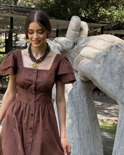 Belle Square-Neck Button Midi Dress