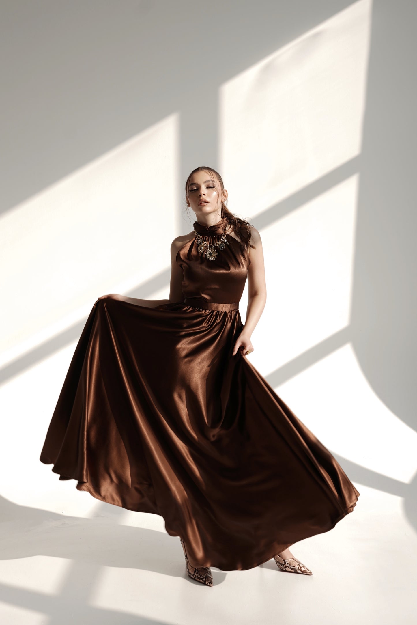High-Neck Flowing Satin Evening Dress