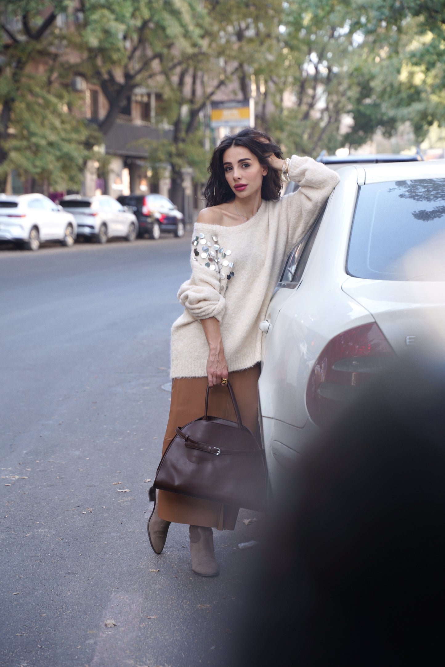 Cream Off-Shoulder Embellished Sweater – Soft Knit with Sequin Detail