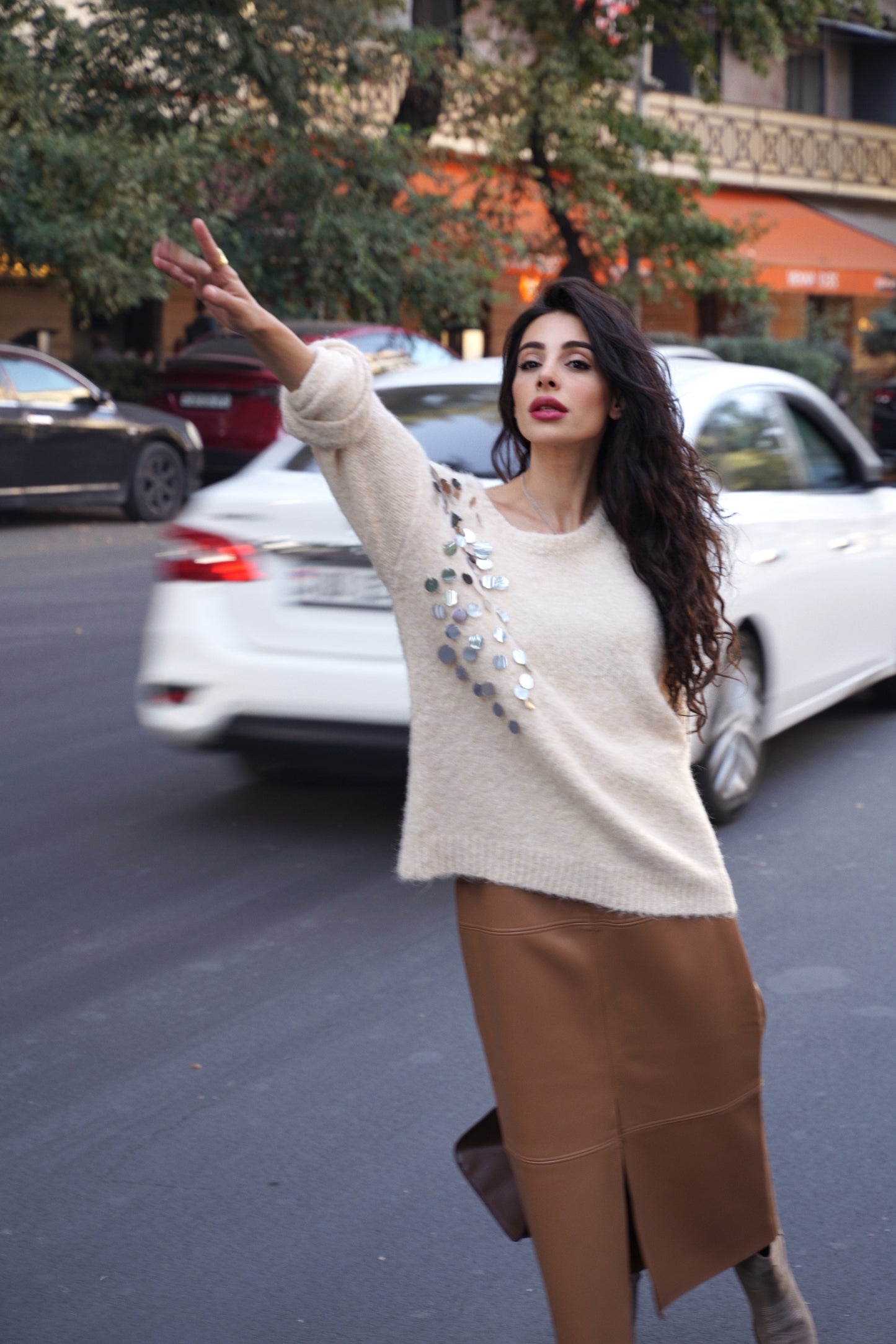 Cream Off-Shoulder Embellished Sweater – Soft Knit with Sequin Detail