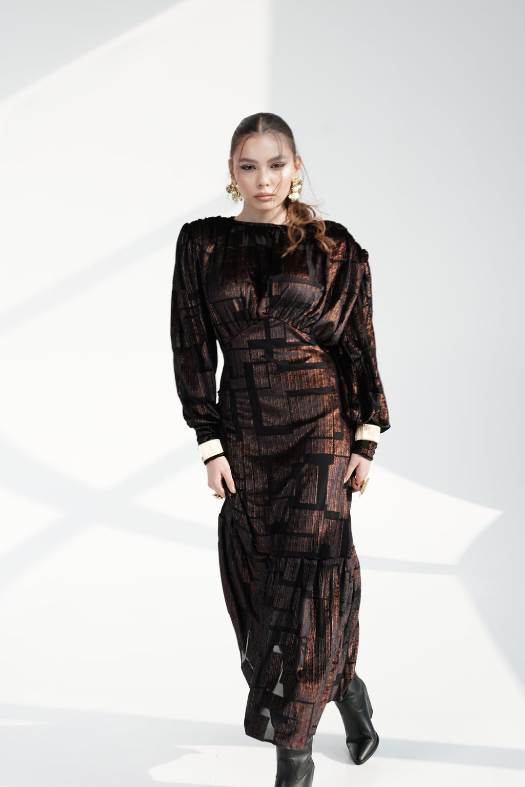 Black GOLD shine Maxi Dress with Structured Shoulders