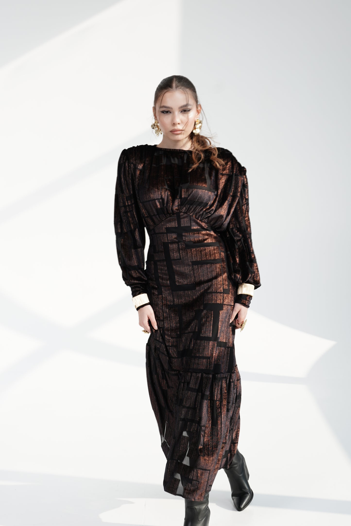 Black GOLD shine Maxi Dress with Structured Shoulders