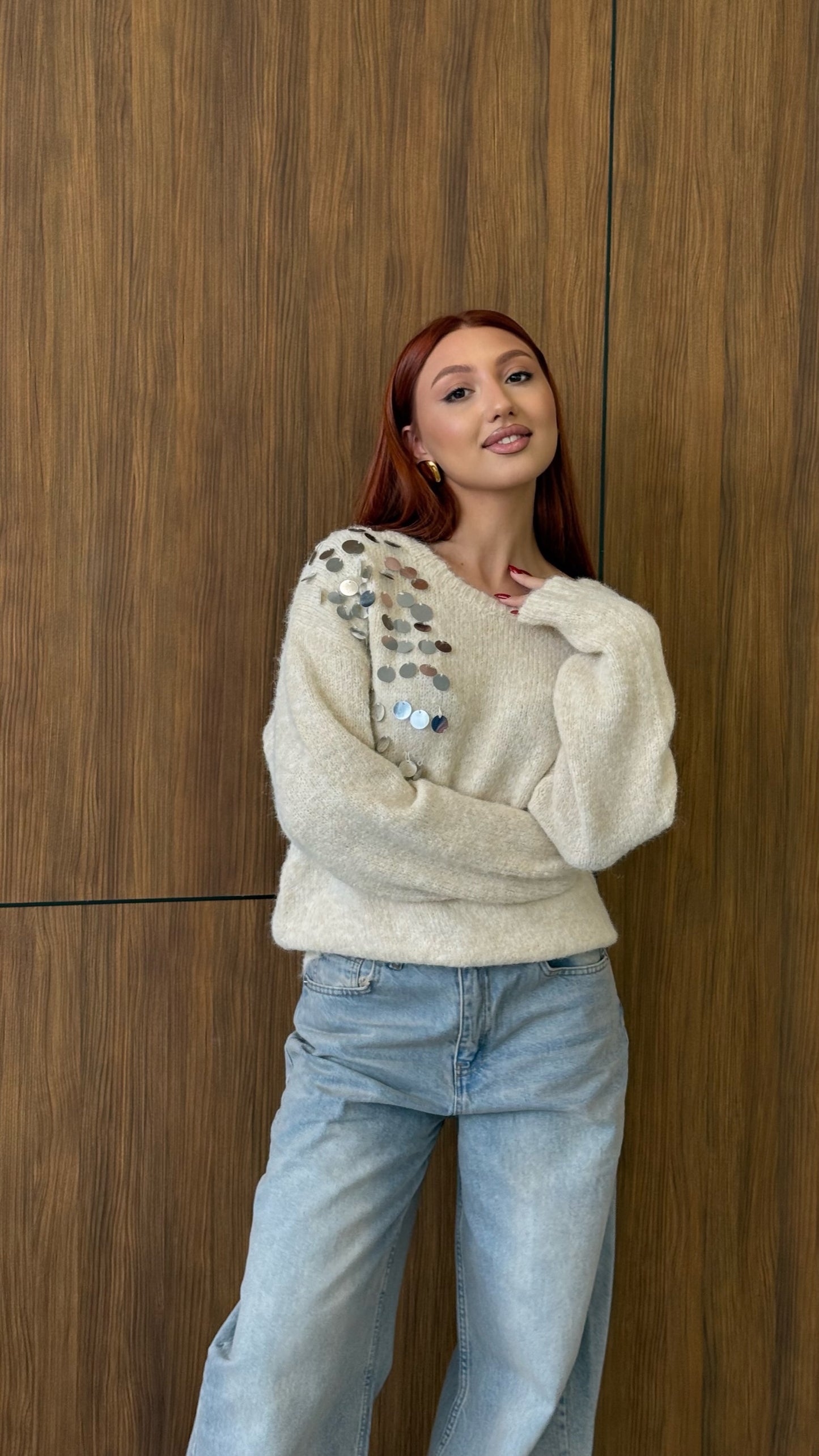 Cream Off-Shoulder Embellished Sweater – Soft Knit with Sequin Detail