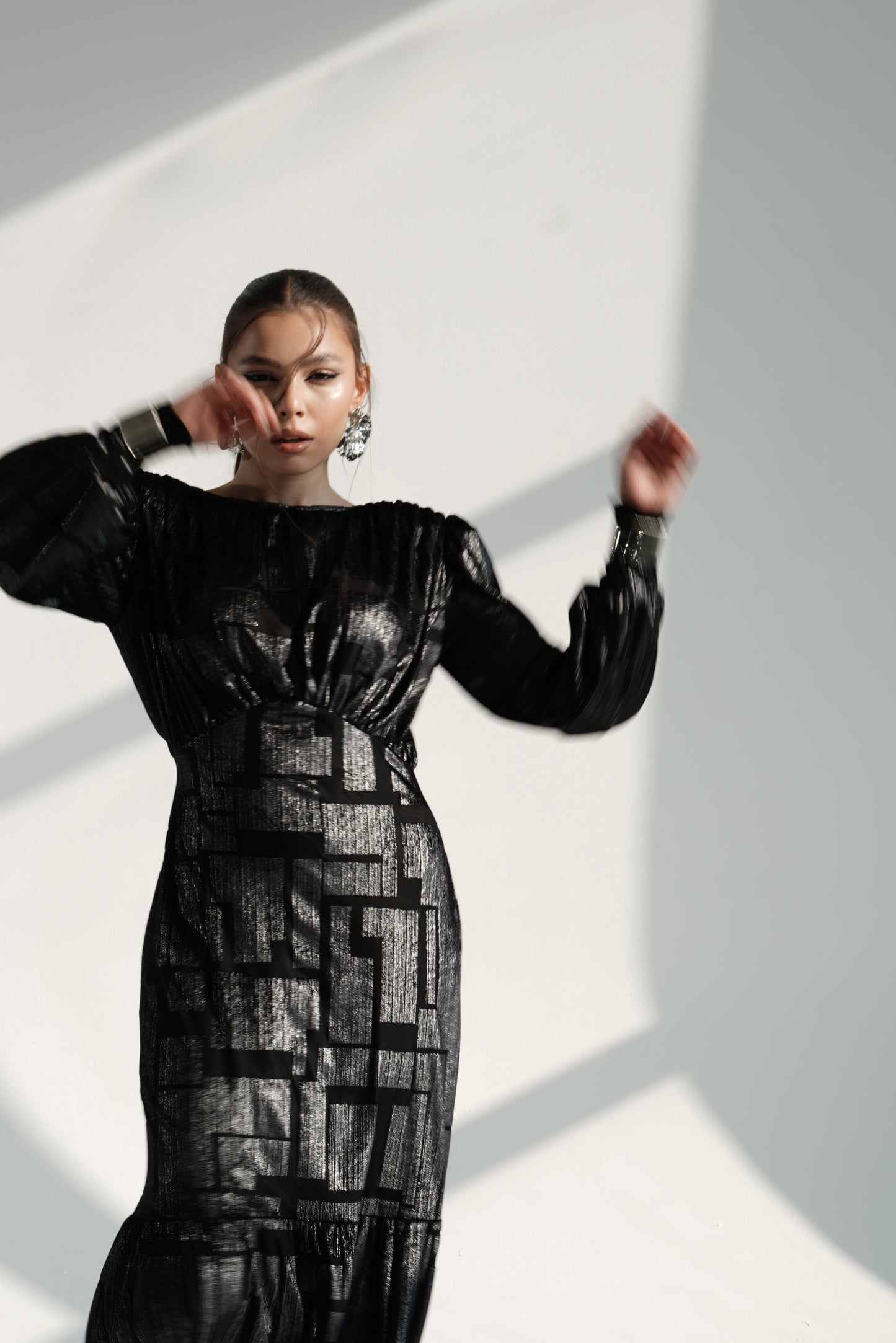 Black Metallic Maxi Dress with Structured Shoulders