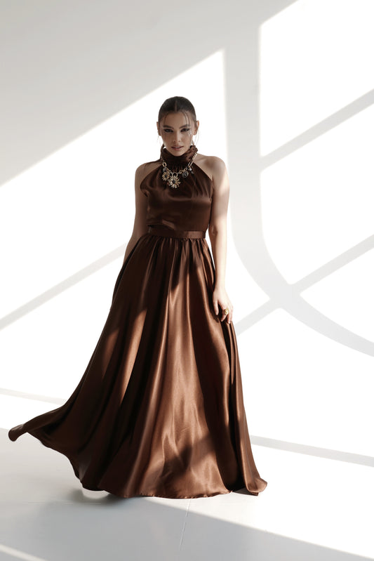 High-Neck Flowing Satin Evening Dress