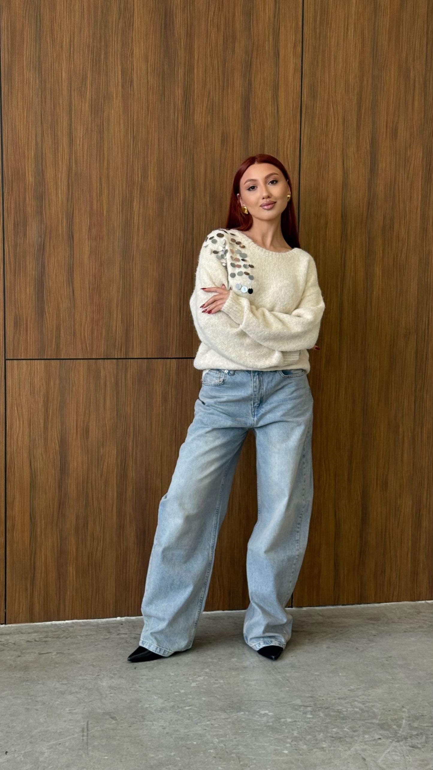 Cream Off-Shoulder Embellished Sweater – Soft Knit with Sequin Detail