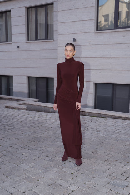 Long-Sleeve Sculpted Maxi Dress — Chocolate