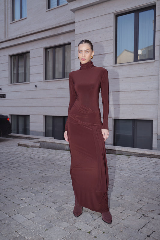 Long-Sleeve Sculpted Maxi Dress — Chocolate