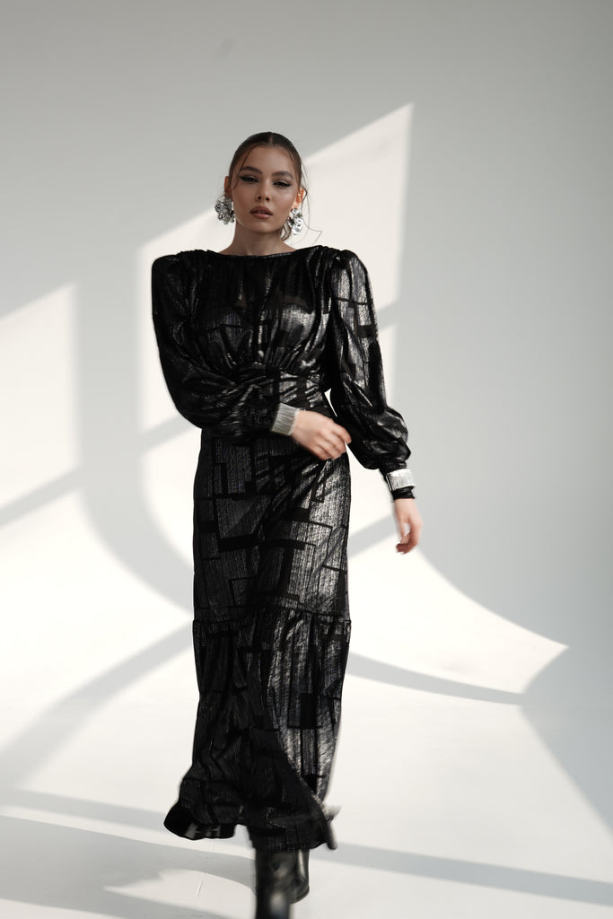 Black Metallic Maxi Dress with Structured Shoulders
