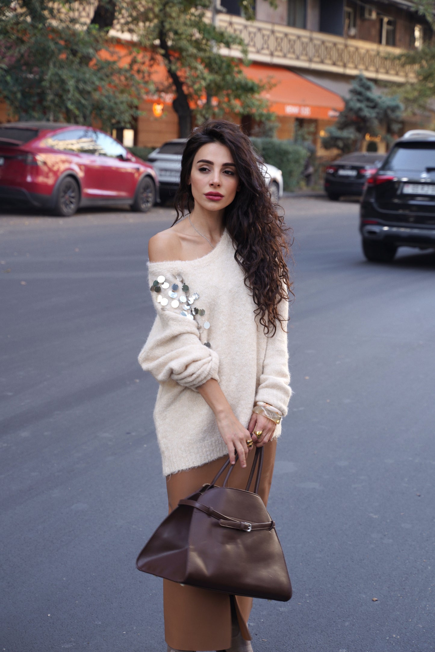 Cream Off-Shoulder Embellished Sweater – Soft Knit with Sequin Detail