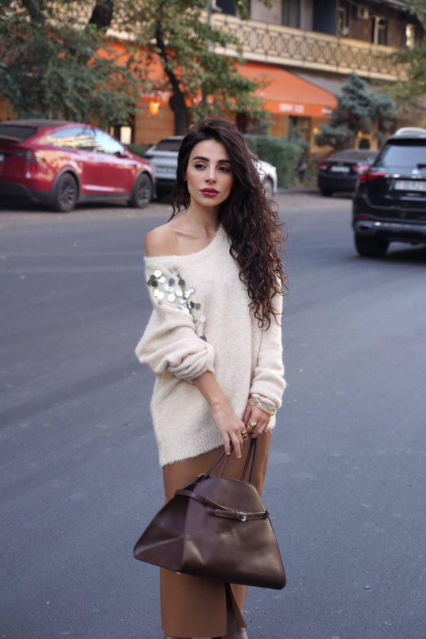 Cream Off-Shoulder Embellished Sweater – Soft Knit with Sequin Detail