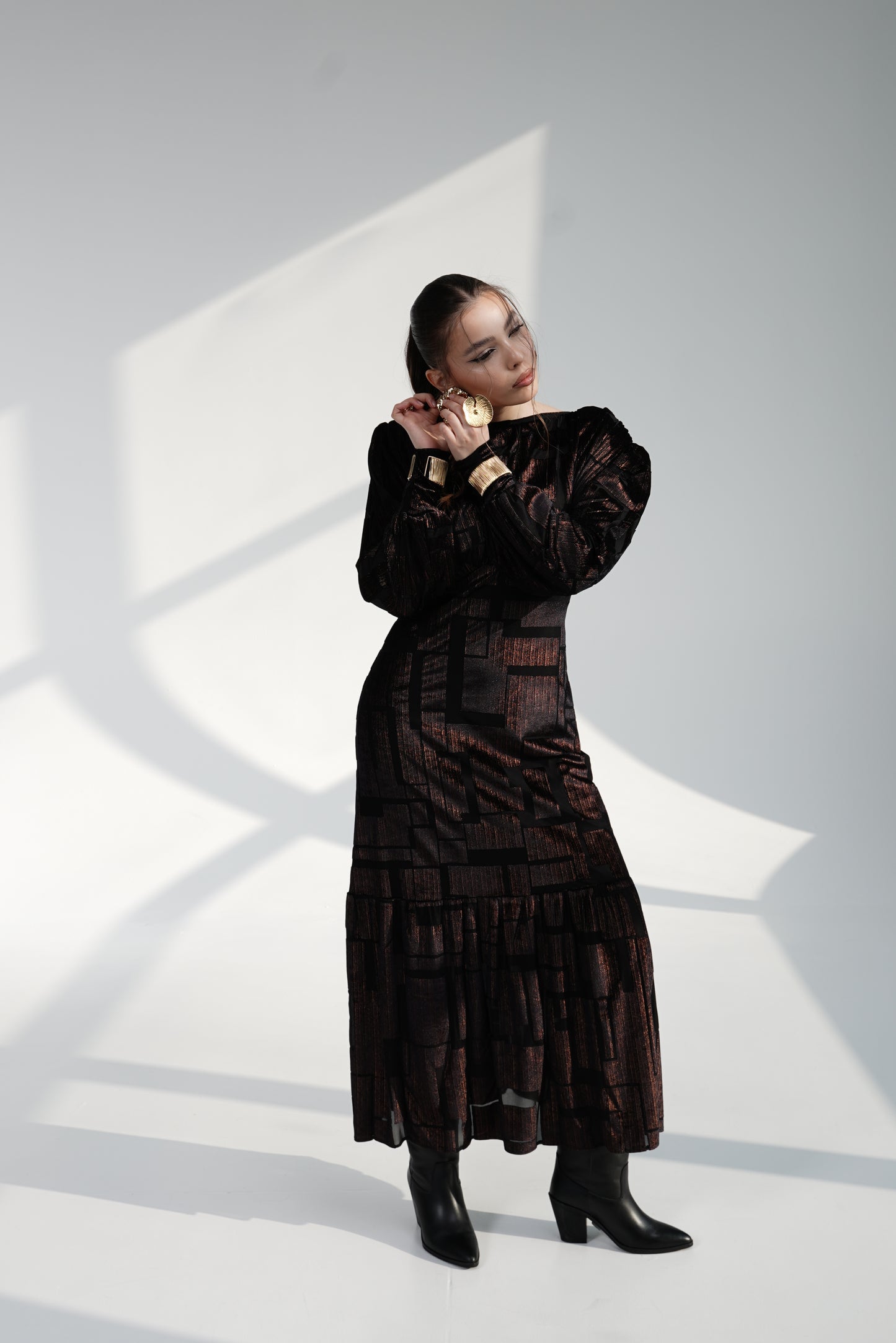 Black GOLD shine Maxi Dress with Structured Shoulders