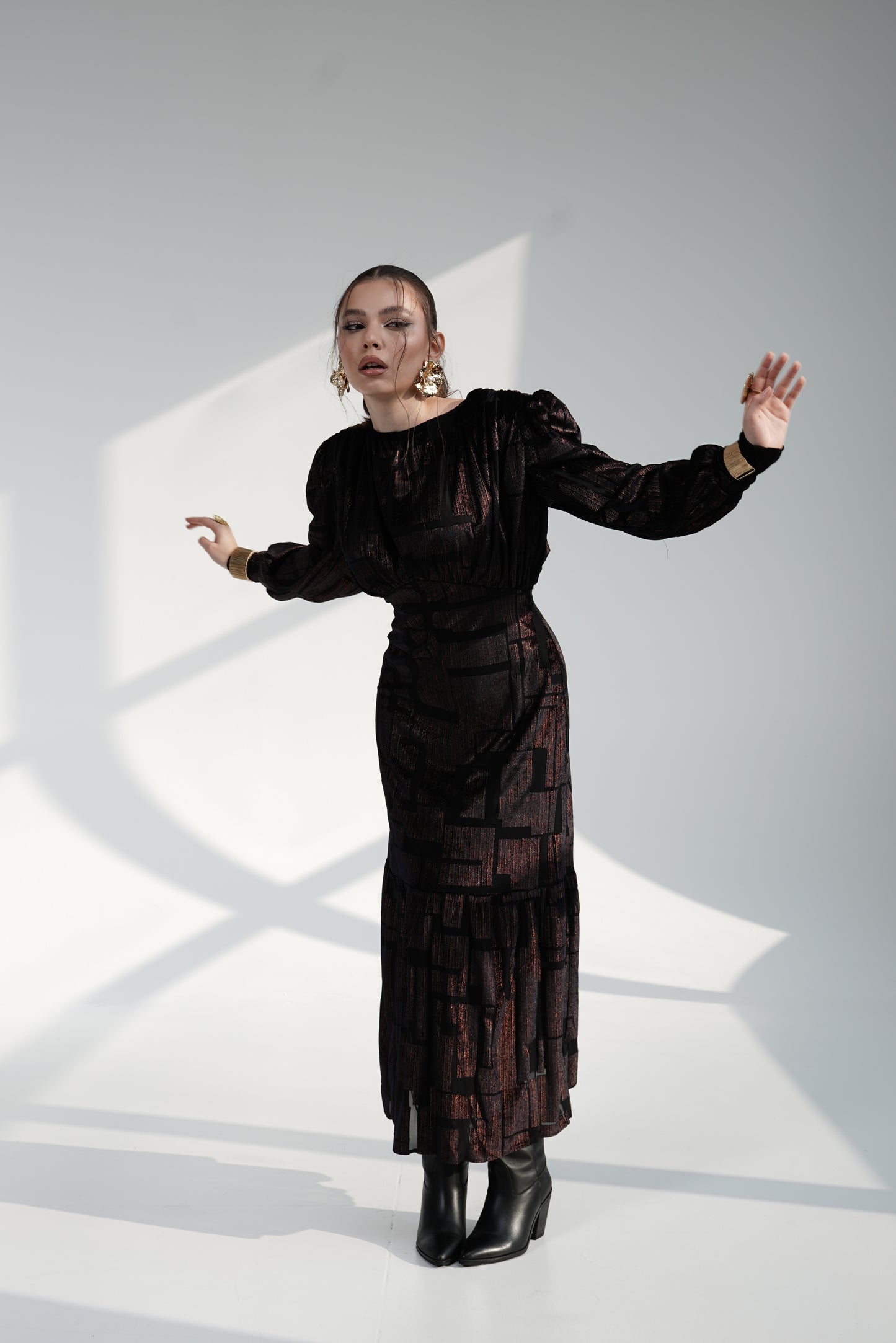 Black GOLD shine Maxi Dress with Structured Shoulders