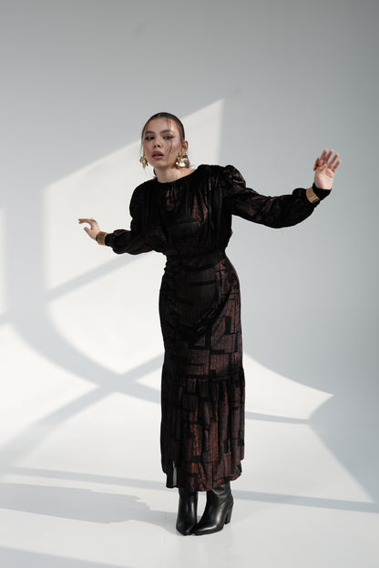 Black GOLD shine Maxi Dress with Structured Shoulders