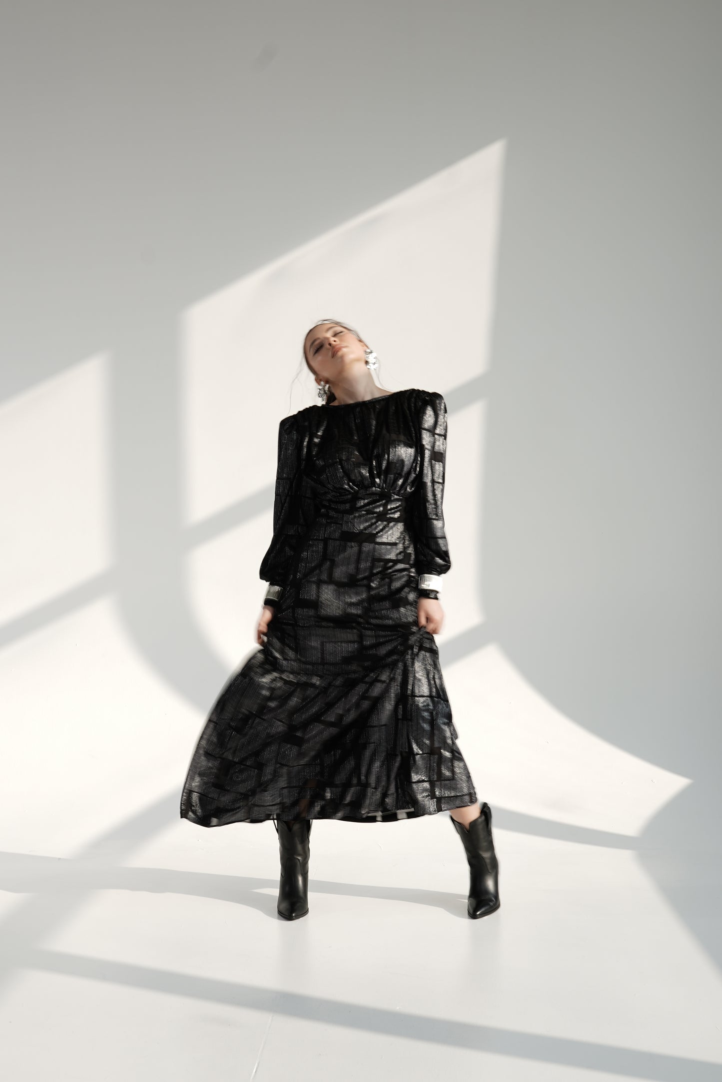 Black Metallic Maxi Dress with Structured Shoulders