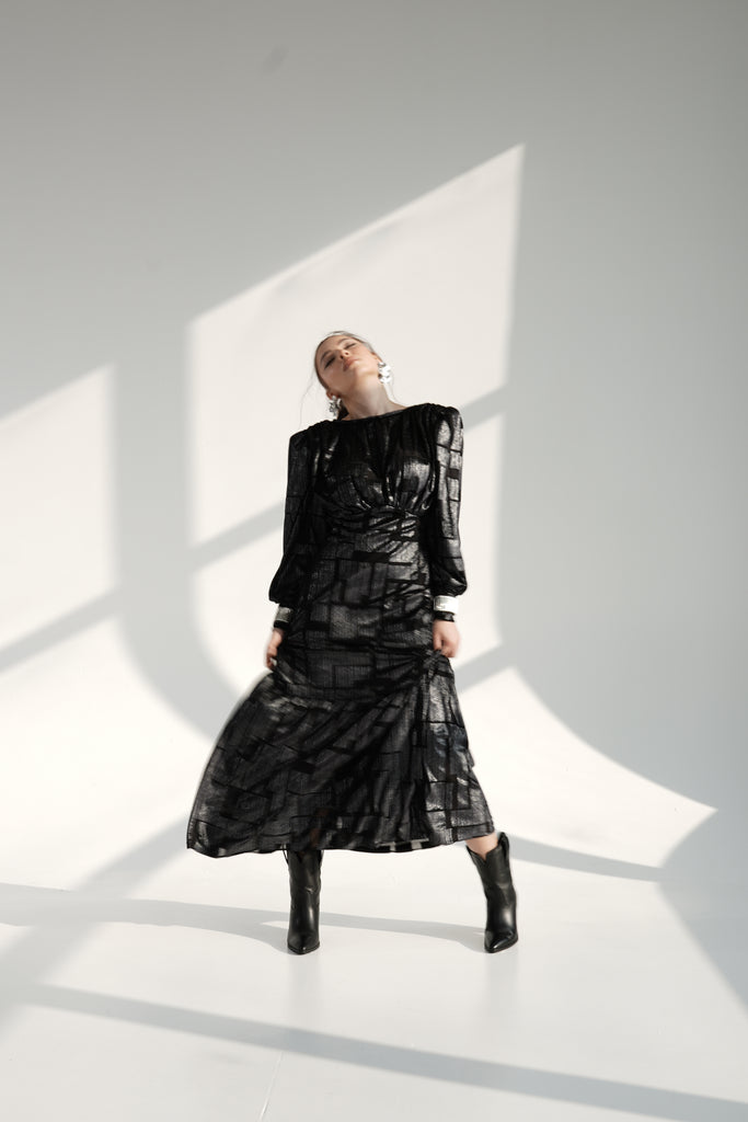 Black Metallic Maxi Dress with Structured Shoulders