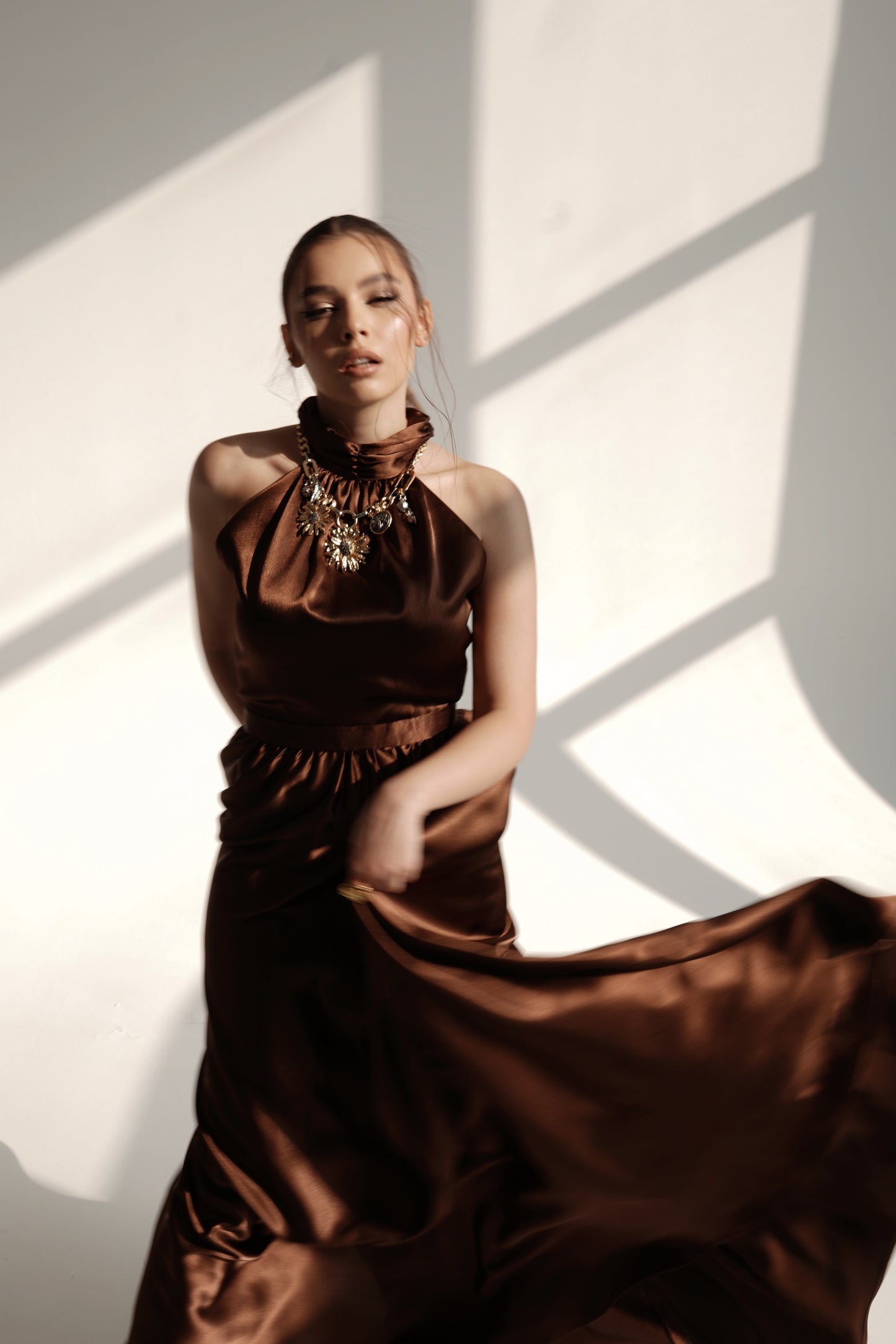 High-Neck Flowing Satin Evening Dress