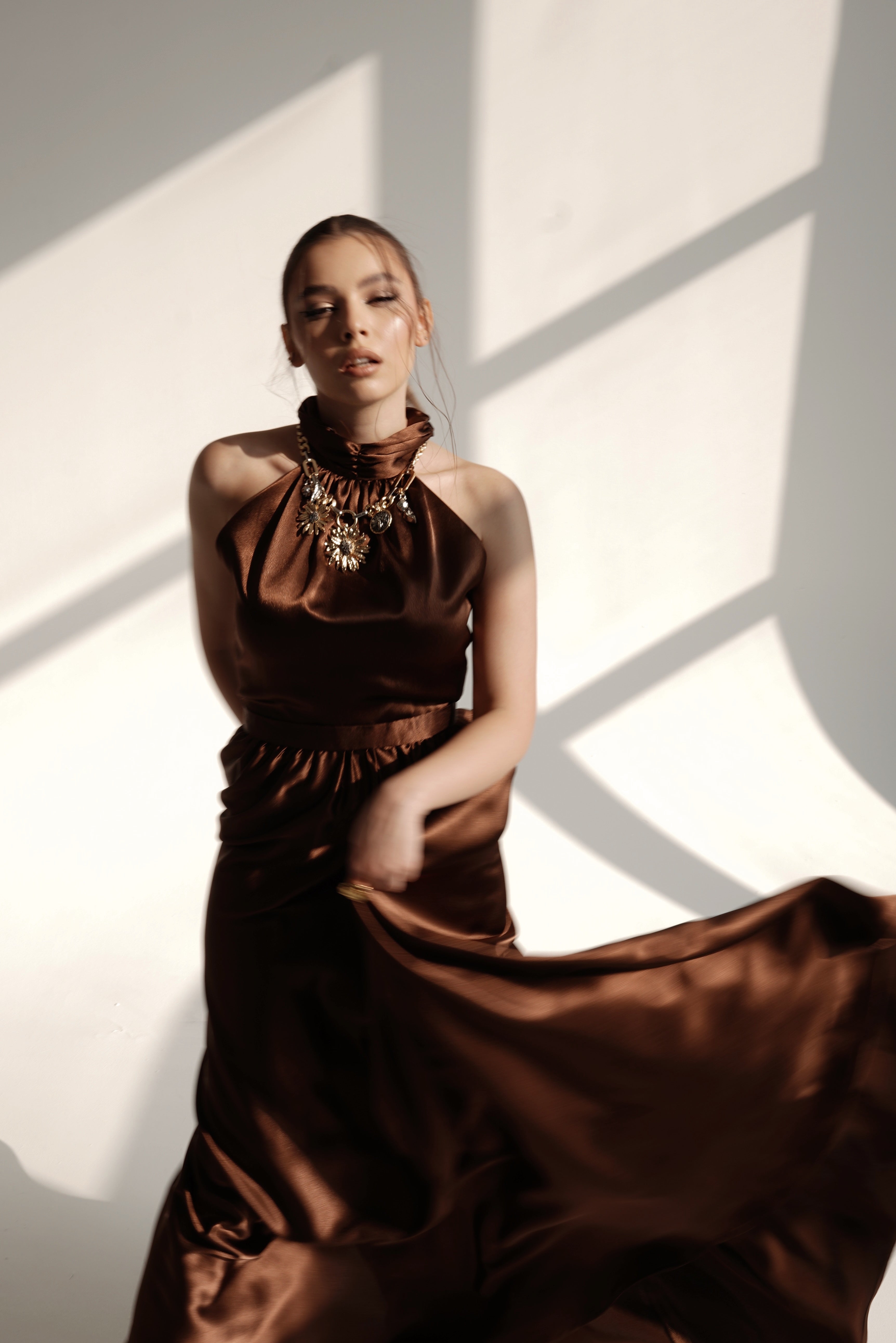 High-Neck Flowing Satin Evening Dress