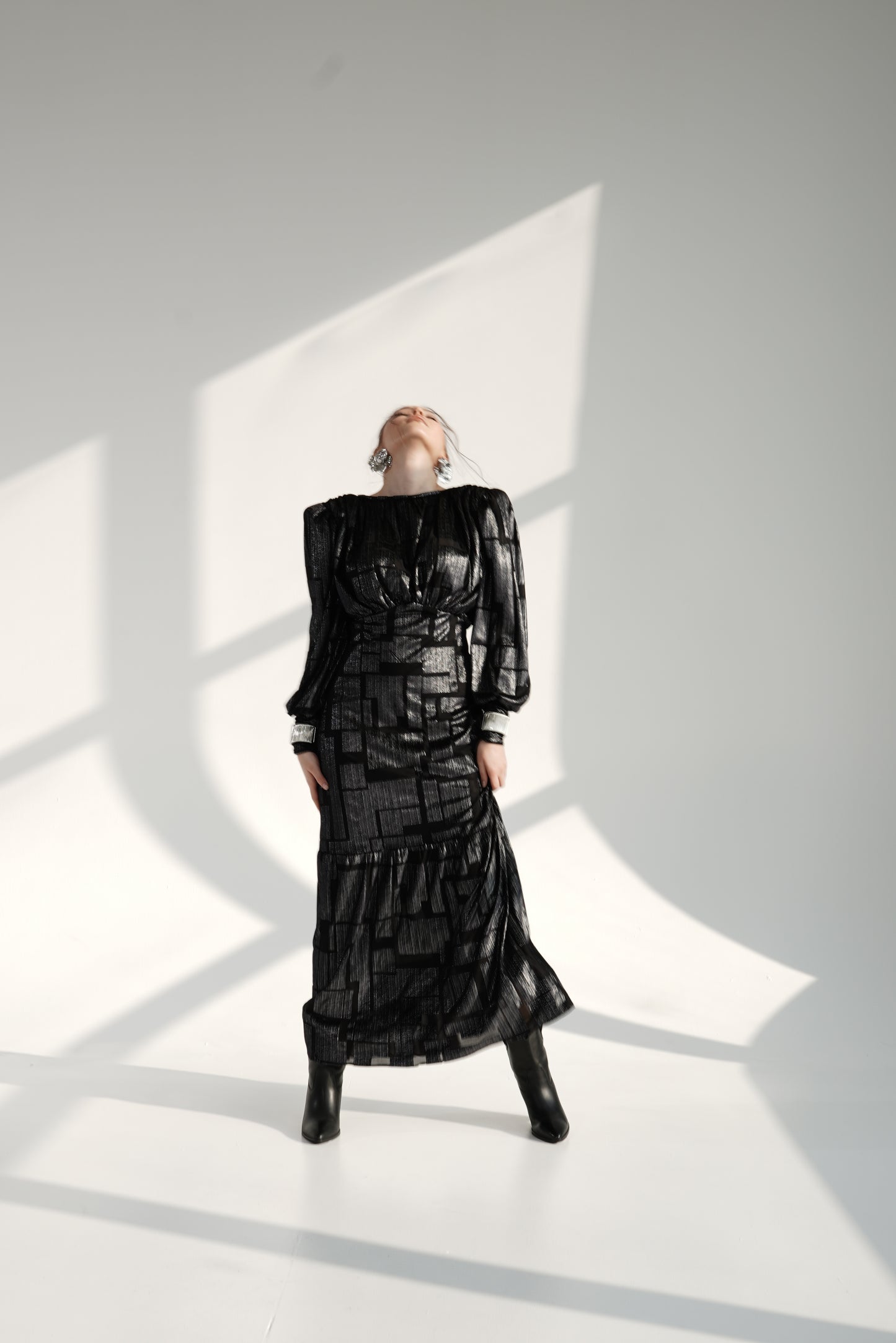 Black Metallic Maxi Dress with Structured Shoulders