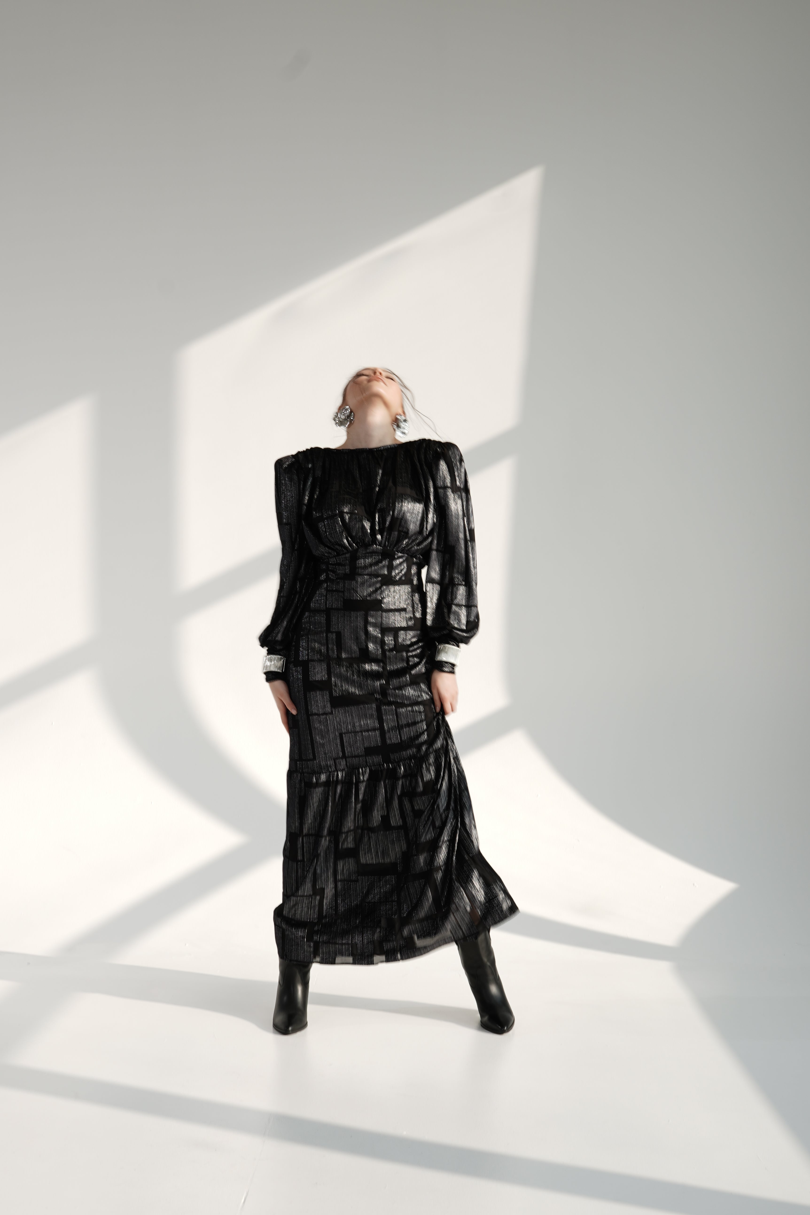 Black Metallic Maxi Dress with Structured Shoulders