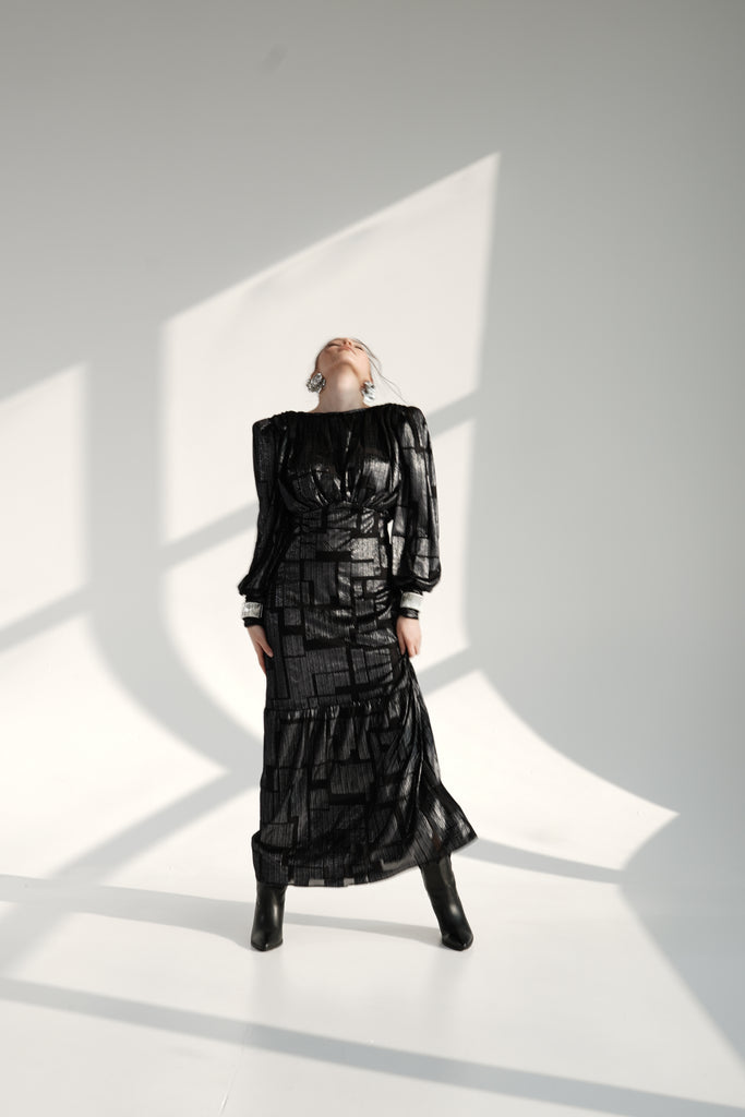 Black Metallic Maxi Dress with Structured Shoulders